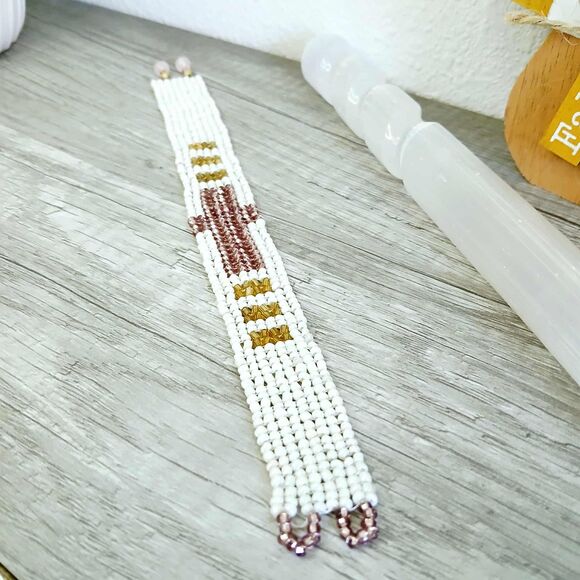 Beaded Herringbone Cross Rose Quartz Gemstone Bracelet 8 - Picture 5 of 5